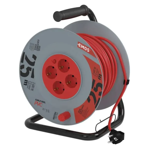 Kolutni podaljšek 25 m / 4 vtičnice / črni / PVC / 230 V / 2,5 mm2 /