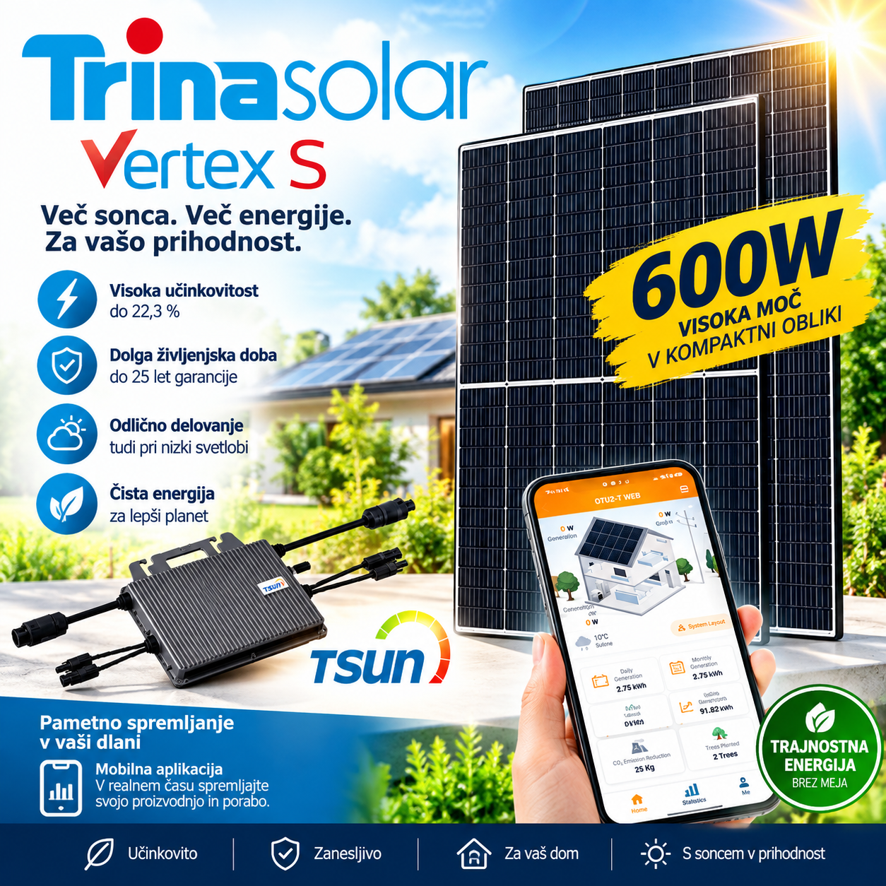 Balkonska Sončna Elektrarna 800 / 600W TSUN Wi-Fi Komplet s Fotonapetostnimi Moduli in Priključnim Kablom Schuko
